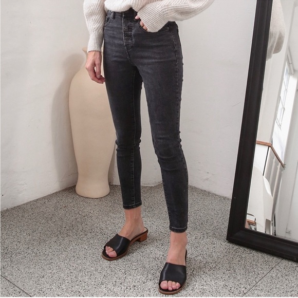 EVERLANE High Rise Authentic Stretch Modal Stretch Skinny Jeans Button Fly Black - Picture 2 of 11